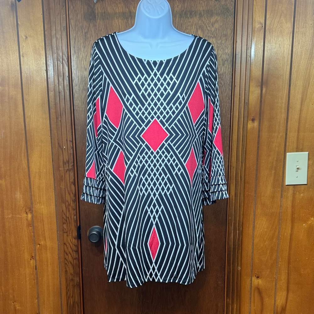 Alfani Black, White and Red Geometric‎ Tunic Size M